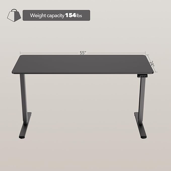 Electric Standing Desk Adjustable Height, 55x24 Inches Sit Stand up Desktop for Home Office, Ergonomic Rising Computer Table with Memory Preset, Black