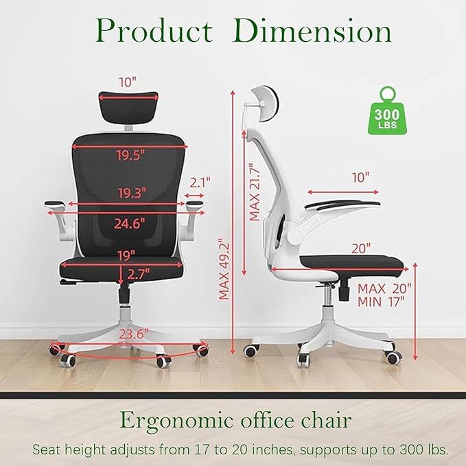 Ergonomic Office Chair, High-Back Mesh Computer Desk Chair with Adjustable Height, Lumbar Support, Flip-Up Armrests,headrest，and Swivel Rolling Design for Home and Office Use