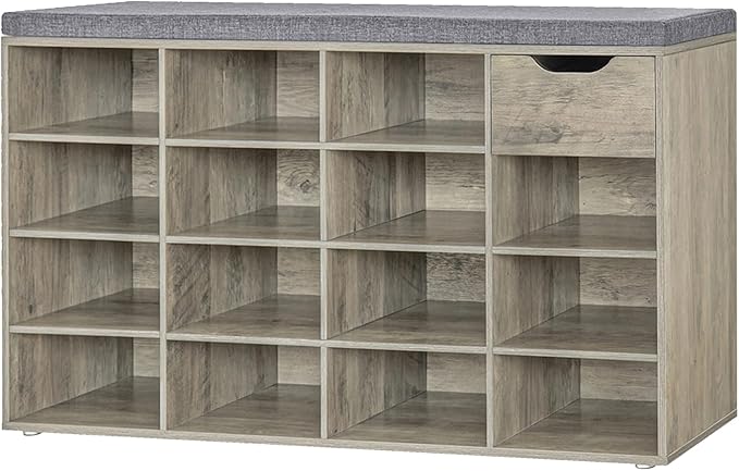 DINZI LVJ Shoe Bench, Entryway Storage Bench with Drawer and 15 Cubbies, Cubby Shoe Rack with Adjustable Shelves, Shoe Organizer Cabinet for Living Room, Bedroom, Mudroom and Garage, Gray Wash