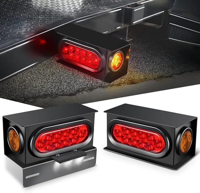 Nilight 2PCS Steel Trailer Light Boxes Housing Kit w/ 6Inch Oval Red Tail Lights 2 Inch Round Amber Side Marker 3LED License Plate Lighting w/Grommet Plugs