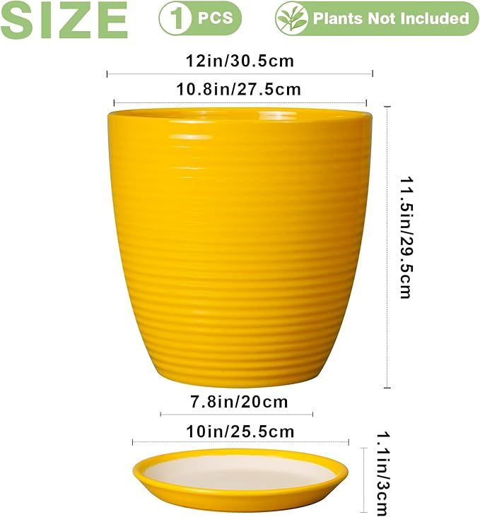 12 Inch Pots for Plants - Ceramic Planter for Indoor Plants Large Plant Pot with Drainage Hole and Saucer Round Outdoor Flower Pot for Garden Home Patio Office Yellow