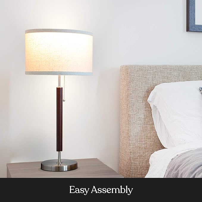 Brightech Carter LED Bedside Lamp - Compact Table & Desk Reading Lamp for Bedroom, Living Room, Office - Modern Nightstand & Side Lamp with Soft Ambient Light - Stainless Steel & Wood Finish