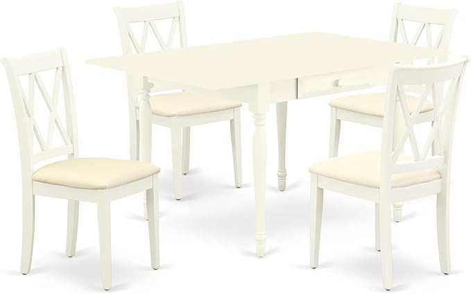 East West Furniture MZCL5-LWH-C 5 Piece Kitchen Table Set for 4 Includes a Rectangle Dining Room Table with Dropleaf and 4 Linen Fabric Upholstered Dining Chairs, 36x54 Inch, Linen White