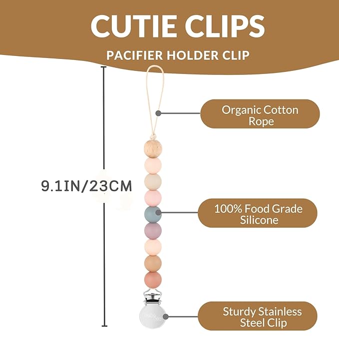 2 Pack Pacifier Clips, Silicone Pacifier Clip for Baby Boys and Girls, Baby Pacifier Strap with Silicone Beads, Soother Dummy Holder, Pacifier Holder, Keeps Pacifier Clean (Mauve/Muted)