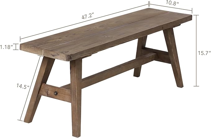 Wnutrees 47" Farmhouse Wood Bench, Dining Room Bench, Entryway Bench for Living Dining Room, Solid Wood, Easy to Assemble, Brown