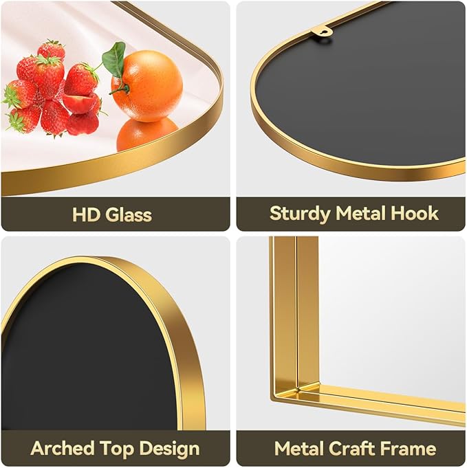 Brightify Arched Mirror, Arched Wall Mirror, 28 x 40 Inch Gold Arch Mirror, Metal Frame Gold Bathroom Mirror, Arched Top Bathroom Vanity Mirror for Living Room Bedroom Mantel Entryway Hallways