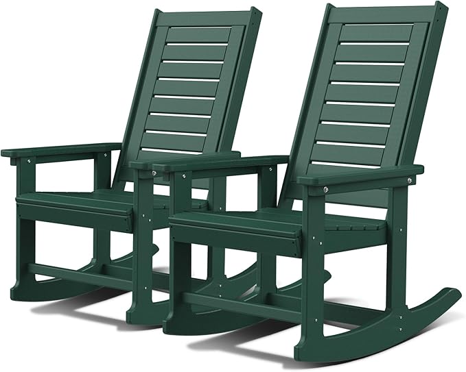 GREENVINES Outdoor Rocking Chairs | Set of 2 | Porch Rocker | HDPE Plastic | Forest | Oversized Rockers | High Back | Big & Tall | Ladder Back | for Patio Outside Backyard Balcony Garden