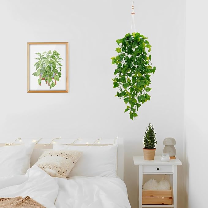 BLEUM CADE 1pcs Fake Hanging Plants Kit with Pot and Plant Hanger, Artificial Pothos Vines Hanging Potted Plant Greenery for Home Living Room Indoor Outdoor Decor