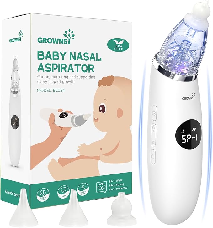 GROWNSY Nasal Aspirator for Baby | Baby Nose Sucker | Electric Nose Suction for Toddler, Ergonomic Booger Sucker with 3 Silicone Tips, Music & Light Soothing Function(White)