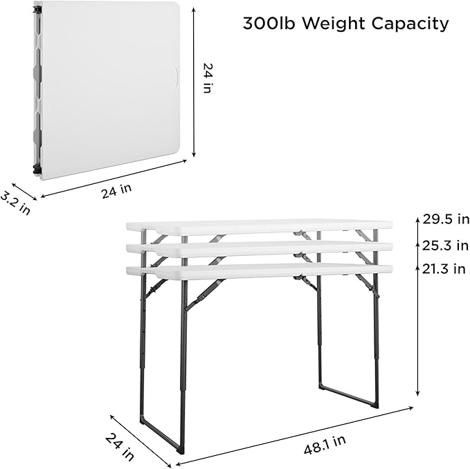 COSCO 4 ft. Centerfold Blow Mold Utility Table, Adjustable Height, White