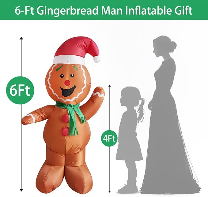 Mimi Funn 6FT Christmas Inflatable Gingerbread Man, Cute Christmas Blow Up Yard Decorations with Build-in LEDs for The Yard, Lawn, Garden