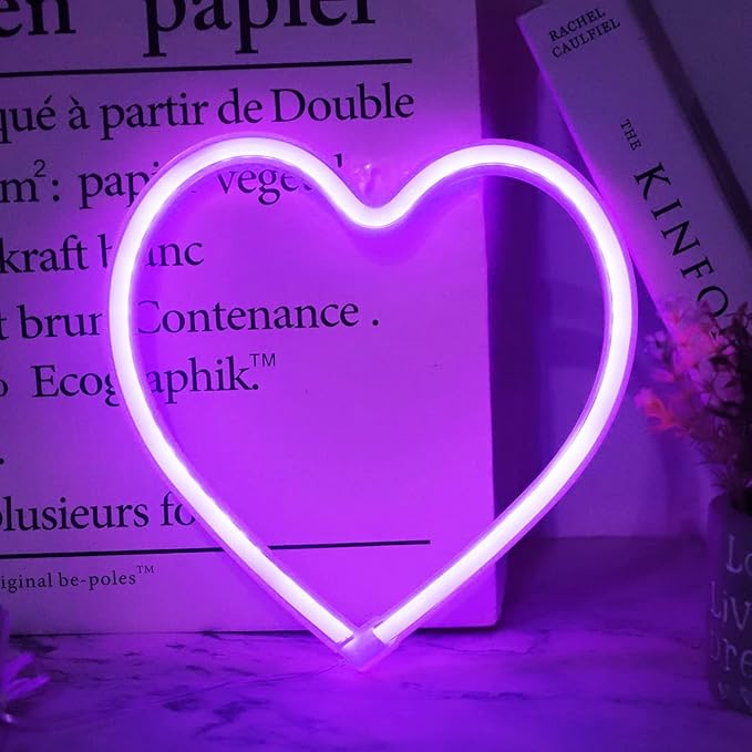 Purple Heart Neon Signs for Wall Deacor, LED Heart Lamp Battery Operated/USB Love Neon Lights for Bedroom, Mother's Day, Christmas, Valentine's Day Decorations-Purple