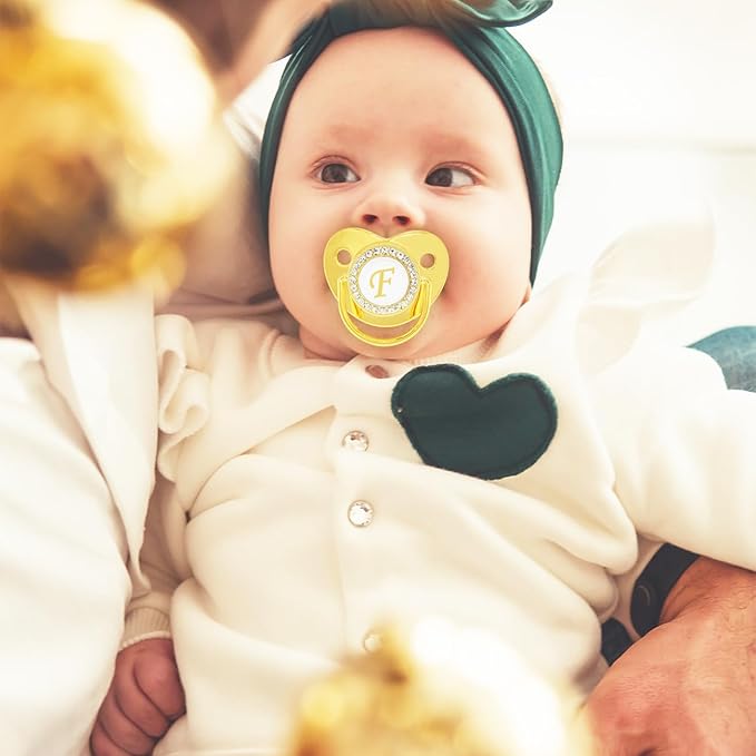 Bling Personalized Golden Baby Pacifier with Pacifier Clips and Anti-dust Cover A-Z 26 Letters(Gold,F)