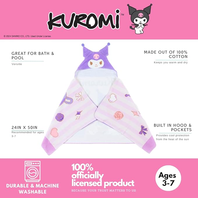 Sanrio Kuromi Kids Super Soft Bath/Pool/Beach Soft Cotton Terry Hooded Towel Wrap, 24 in x 50 in, (Officially Licensed Product) by Franco