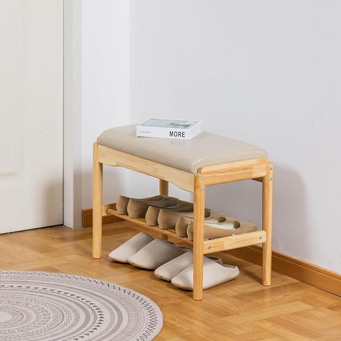 latifolia Small Shoe Bench, Solid Wood Bench with Cushion, 2 Tier Shoe Storage Organizer for Entryway(Nature,23.62''L)