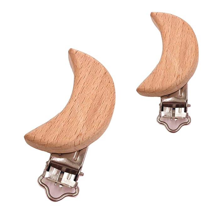 20pcs Natural Wood Suspender Pacifier Clips Cute Beech Wooden Animal Moon Shape Clips Charm DIY Beading Pacifier Chain Accessory