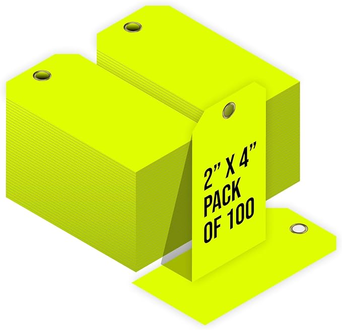 Tags 4 Less 15 Mil Waterproof Plastic Tags, Pack of 100 – 2” x 4” Heavy Duty Plastic Tags for Labeling, Outdoor Tagging, Equipment Labeling, Luggage, Valves & More (Fluorescent Yellow)
