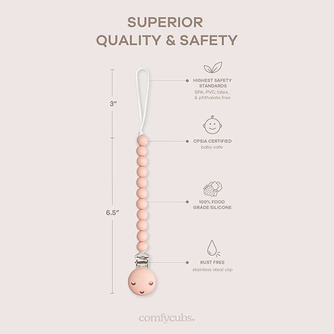 Comfy Cubs Pacifier Clips 2 Pack - 100% Food Grade Silicone Baby Pacifier Clips, BPA & PVC Free - CPSIA Certified, Lightweight and Flexible Baby Gifts - Blush