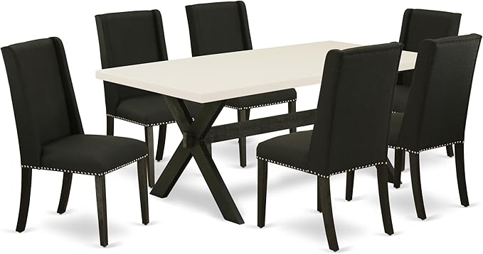 East West Furniture X627FL624-7 7 Piece Modern Dining Table Set Consist of a Rectangle Wooden Table with X-Legs and 6 Black Linen Fabric Upholstered Chairs, 40x72 Inch, Multi-Color