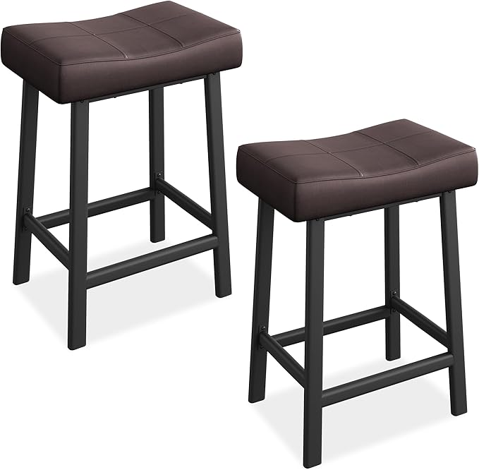 GarveeHome Counter Height Bar Stools Set of 2, 24 Inch Brown Barstools for Kitchen Island Counter, Upholstered Padded Saddle Chairs with Curved Cushion, Easy Assembly