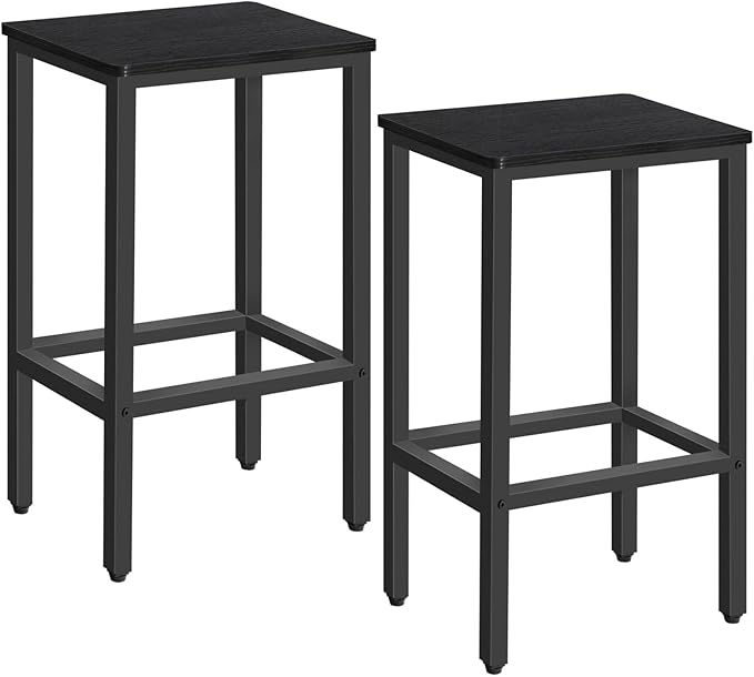 Bar Stools, Set of 2 Bar Chairs with Footrest, 2-Piece Dining Stools, 25.8-Inch Height, Rectangular Industrial Bar Stools, Strong Metal Frame, for Dining Room, Kitchen, Black BAHB0101