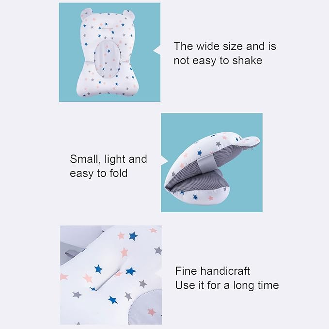 Baby Bath Seat Cushion Floating Safe Foldable Adjustable Infant Bath Supporter for Newborn Blue Bear, Supports Baby Body, Safety to Use, Easy to Clean, Odorless Material, Optimal (White Stars)