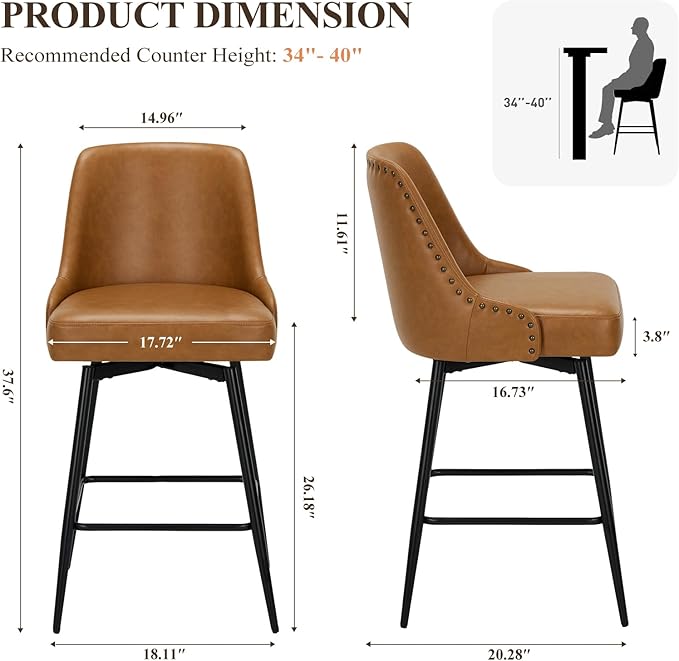 COLAMY Bar Stools Set of 2, 26.18" Counter Height Swivel Stools with Thick Padded Seat, Adjustable Footrest & 360° Rotation, Premium PU Leather Upholstery for Kitchen Island/Home Bar/Cafe, Brown