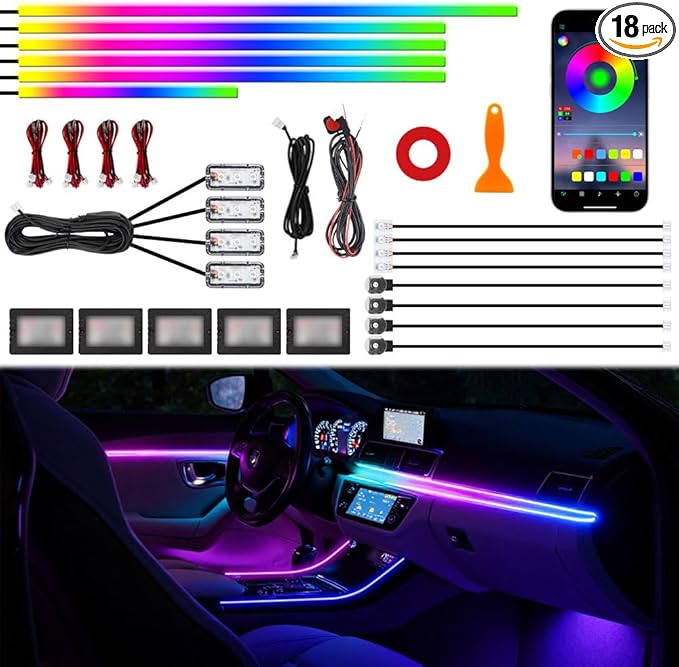 Acrylic Interior Car Ambient Lighting Kits, LED Strip Lights with Wireless APP, Neon Fiber Optic Lights Function LED Strip for Car with Music Modes (18 in 1)