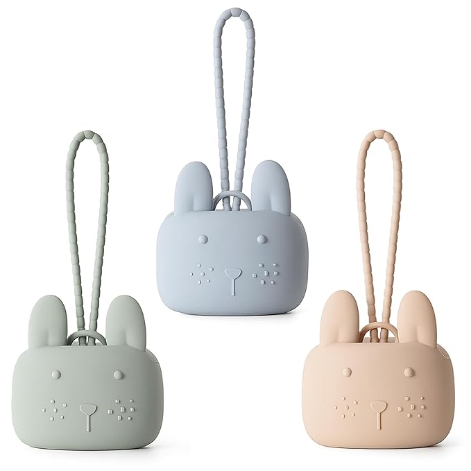 ROCCED Pacifier Holder Case Silicone Bunny Design Pacifiers Pouch with Soft Silicone Strap, Travel Storage for Stroller & Diaper Bag, Pacifier Holder Pouch for Baby, Set of 3 Beige Dusty Green Blue