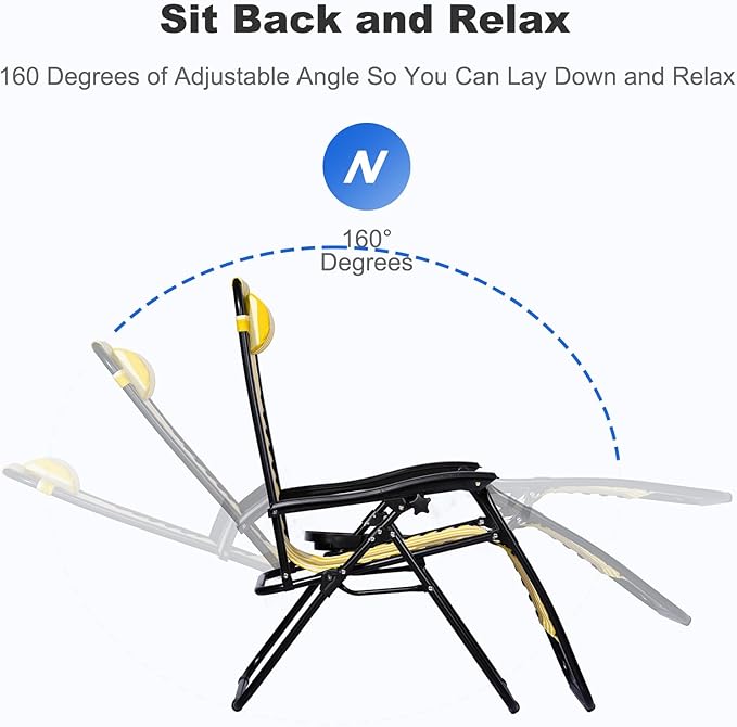 Nazhura Set of 2 Relaxing Recliners Patio Chairs Adjustable Steel Mesh Zero Gravity Lounge Chair Beach Chairs with Pillow and Cup Holder (Yellow Stripe)