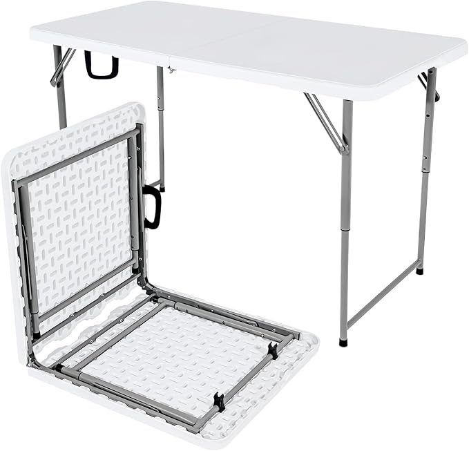 48" W x 24" D x 29.5" H - 4FT Adjustable Height Heavy Duty Plastic Fold-in-Half Foldable Table，White Portable Folding Table with Carrying Handle for Camping & Party