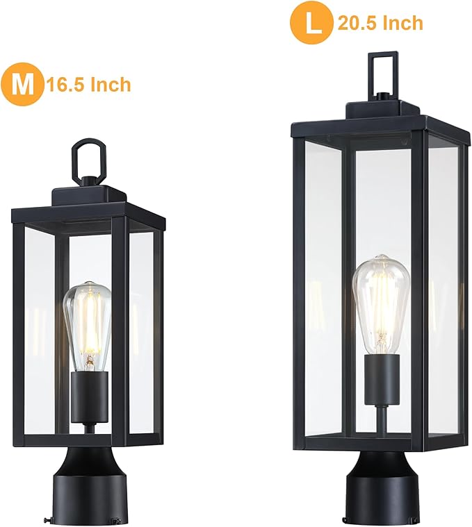 GRUENLICH Outdoor Lamp Post Light Fixtures, Exterior Pole Lantern with Tempered Glass, 20.5 Inch Fence Post Lighting for Garden Yard Pathway, Black, 2 Pack
