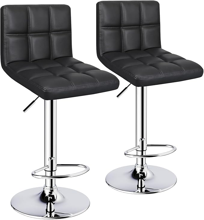 6-Squares Back with Double Needle Adjustable Bar Stools, Set of 2, Black