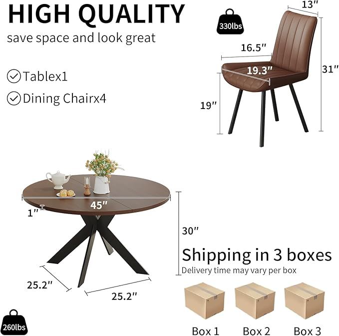 Walnut Round Dining Table Set for 4, Mid-Century Modern Kitchen Table and Chairs, Small Space Dining Room Furniture for Apartment, Breakfast Nook or Studio (Walnut wood-1 Table + 4 Brown Chairs)