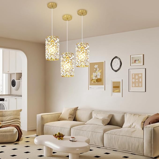 Gold Pendant Lights Kitchen Island, Mini Crystal Modern Kitchen Pendant Lighting Over Sink with 10.2" Clear Glass Shade Chandeliers, Adjustable Pendant Light Fixture for Dinning Room Bedroom Entryway
