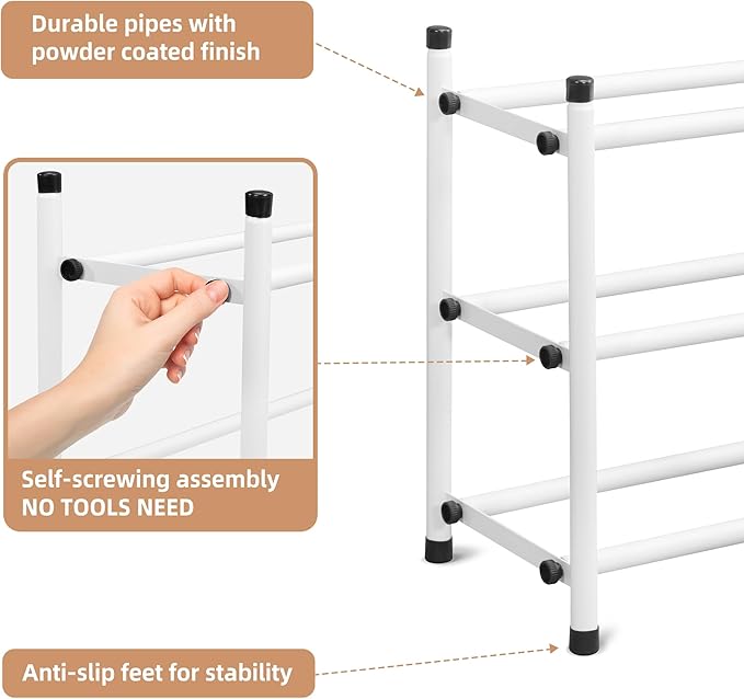 STORAGE MANIAC Expandable Shoe Rack, 12 Pairs Stackable Small Shoe Rack, Metal Adjustable Shoes Organizer for Closet, Entryway, Hallway, Garage, Front Door, Shoes Shelves, White 3 Tier