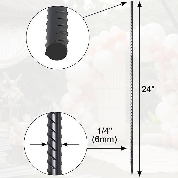 Rebar Stakes 24 Inch 40 Pack Straight Ground Stakes 1/4 Inch Diameter Heavy Duty Metal Spikes with Chisel Point End for Landscape Timber, Cement and Concrete Form, Black