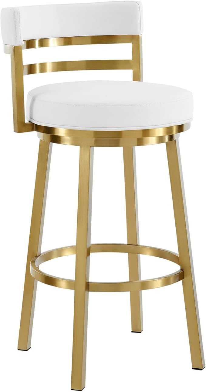 Armen Living Madrid 30" Seat Height Swivel Modern White Faux Leather and Gold Brushed Stainless Steel Bar Stool for Kitchen Island Counter