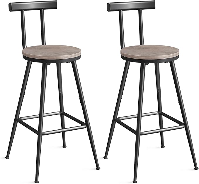 Bar Stools, Set of 2 Bar Chairs with Backrest and Footrest, 26" Tall Counter Stools, Metal Frame, Adjustable Feet, Easy Assembly, for Kitchen, Living Room, Pub, Greige BAHG6001
