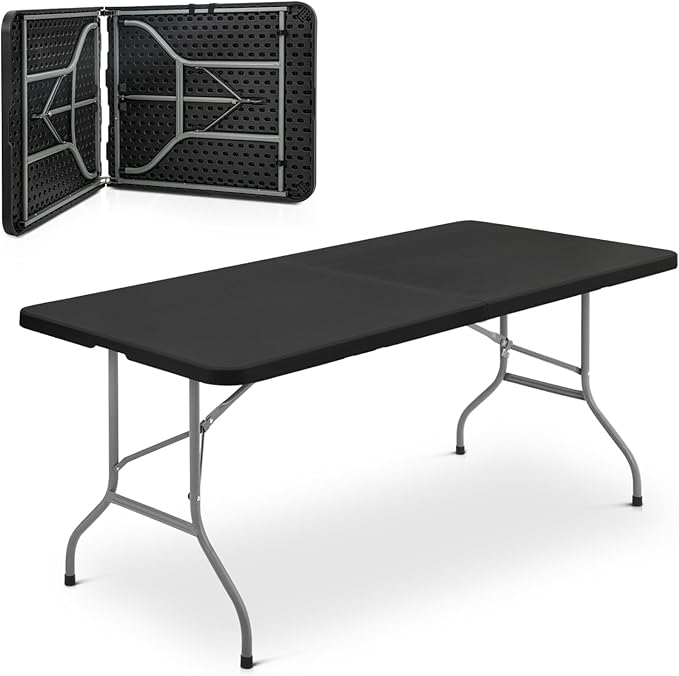 Athena Collection 6 ft Square Folding Dining Table, Large Plastic Foldable Table Portable with Carry Handle, Heavy Duty Fold-in-Half Utility for Indoor Outdoor Party Camping Picnic, Black