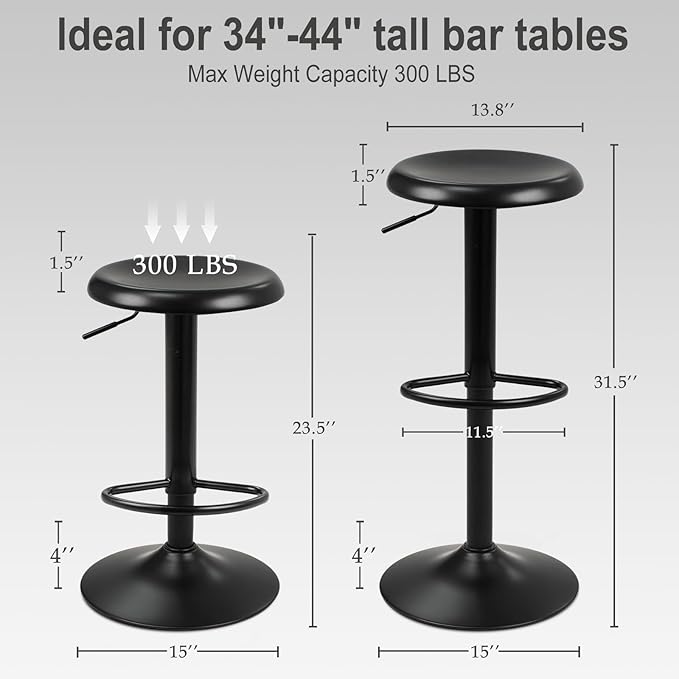 Bar Stools - 2 Pack, Adjustable Swivel Height Counter Bar Stool, Modern Metal Barstools, Backless Barstool for Bar, Kitchen Island, Pub, Black