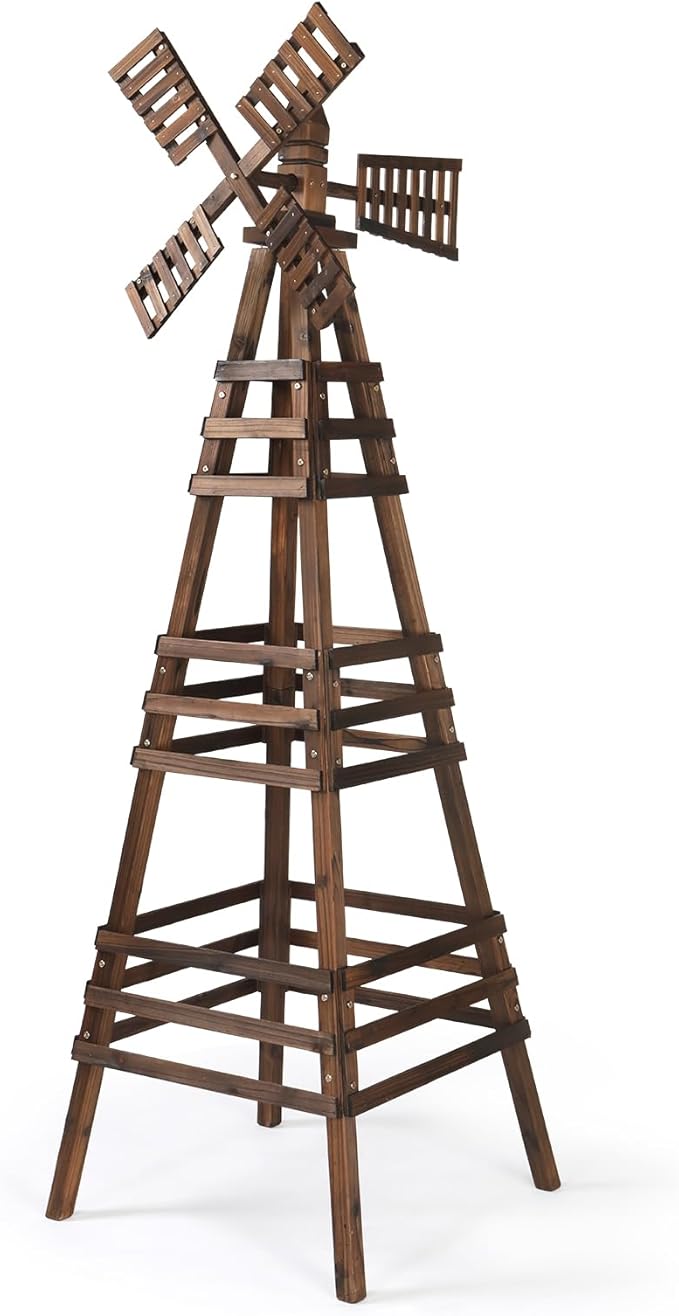 Wooden Windmill, Weather-Proof Wind Spinner, Outdoor Wind Mill for Garden Lawn Patio Decoration (Carbonized, Large)