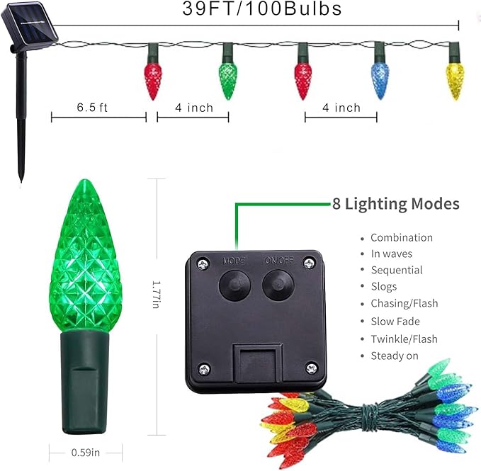 ITICdecor Solar C6 Strawberry String Lights Outdoor, 33ft 100 LED Waterproof Outdoor Solar Christmas String Lights 8 Modes for Christmas Tree, Holiday,Garden, Arbor Decor(Multicolor)