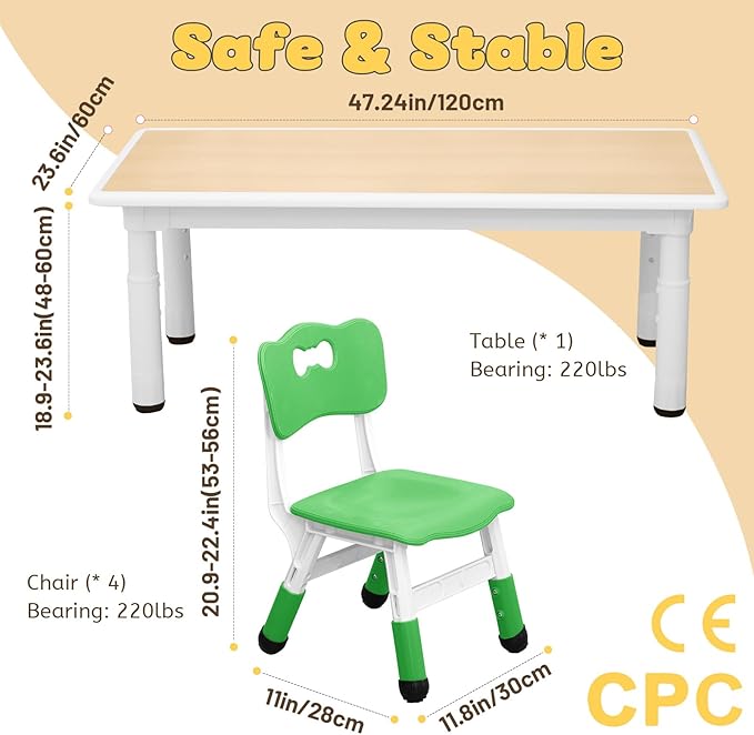 FUNLIO Kids Table and 4 Chairs Set for Ages 3-8, Height Adjustable Toddler Table and Chair Set, Easy to Wipe Arts & Crafts Table, for Classrooms/Daycares/Homes, CPC & CE Approved(5 pcs Set)-Multicolor