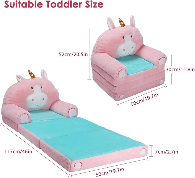 Foldable Kids Couch Toddler Backrest Armchair 2 In 1 Flip Open Sofa Bed for Chidren, Cartoon Comfy Soft Kids Chair, Steady Lightweight Toddlers Sofa Bed for Bedroom Livingroom Playroom Unicorn