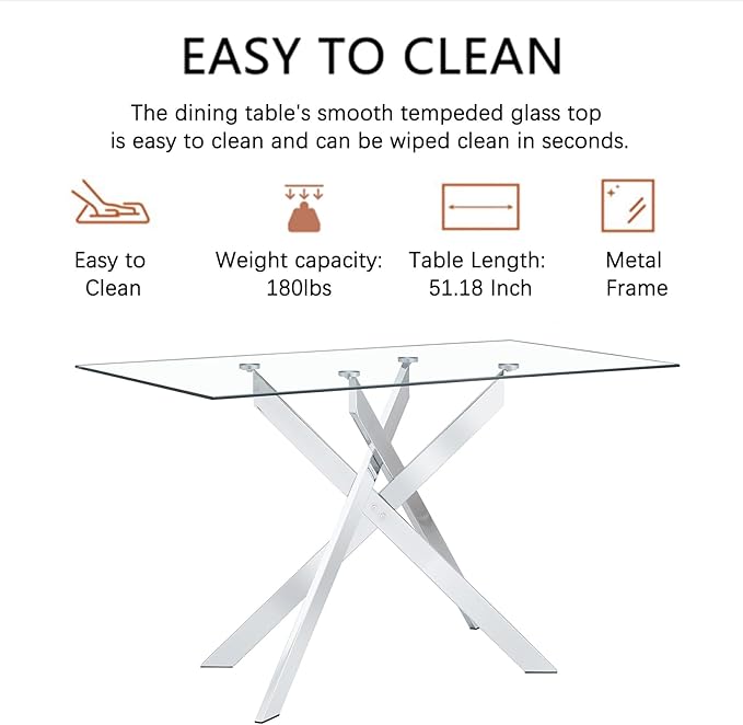51" Rectangular Glass Dining Table Modern Kitchen Glass Top Table for 4 with Silver Metal Legs, Clear Dining Table Kitchen Table for Home Office Dining Room