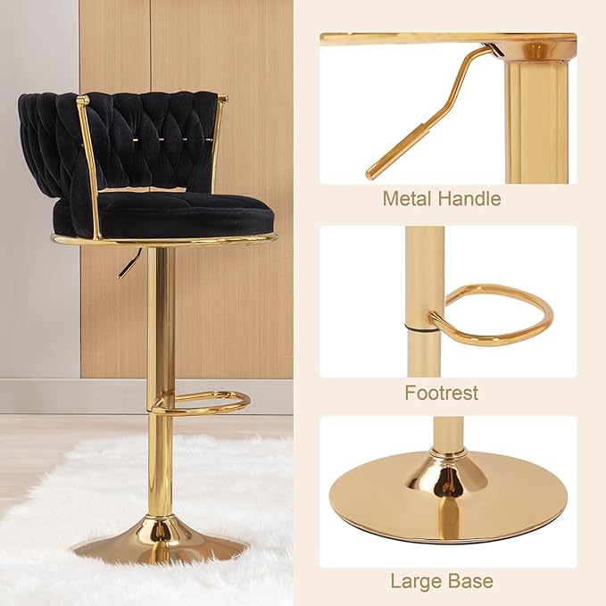 VECELO Bar Stools Set of 4, Modern-Contemporary Velvet Woven Counter Height Stools with Back and Arms, 360 Swivel Bar Chair, Black