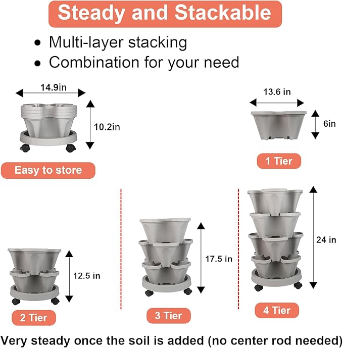 GameXcel Vertical Planter 4 Tier Stackable Planters Garden Planters Strawberry Herb Flower and Vegetable Planter Indoor Outdoor Gardening Pots with Removable Wheels and Tools