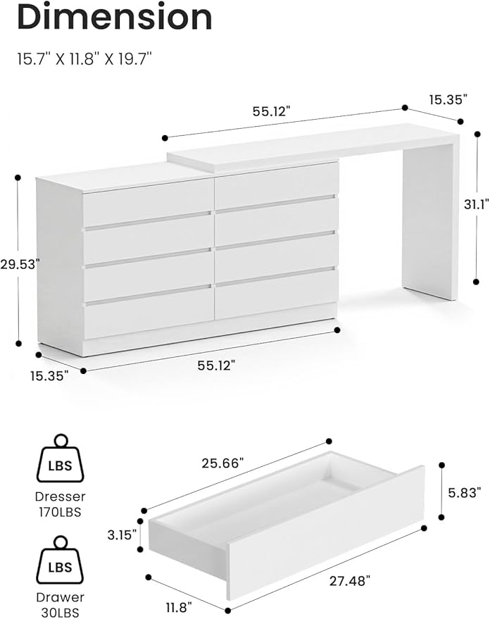 8 Drawer Vanity Dresser Combo with Extendable Table & L-Shaped Desk, White MDF Large Dresser for Bedroom, Adjustable Makeup Dressing Table with Wide Storage, Desk and Vanity Combo for Small Spaces