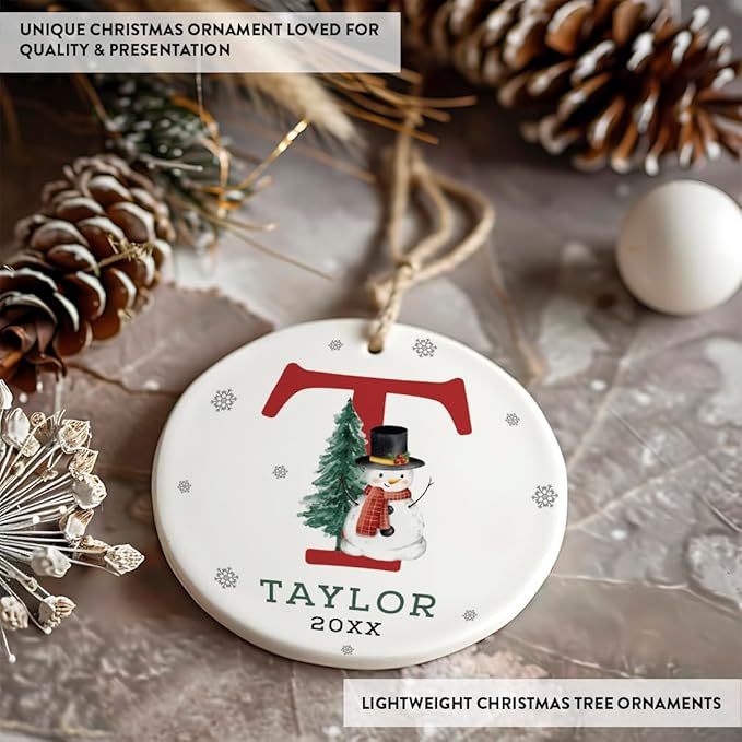 Andaz Press Personalized Christmas Ornament, Custom Name, Initial T Monogram Snowman 2.8" Ceramic Porcelain 2025 Christmas Ornament Keepsake for Kids, Boys, Girls Initial Ornament 1-Pack